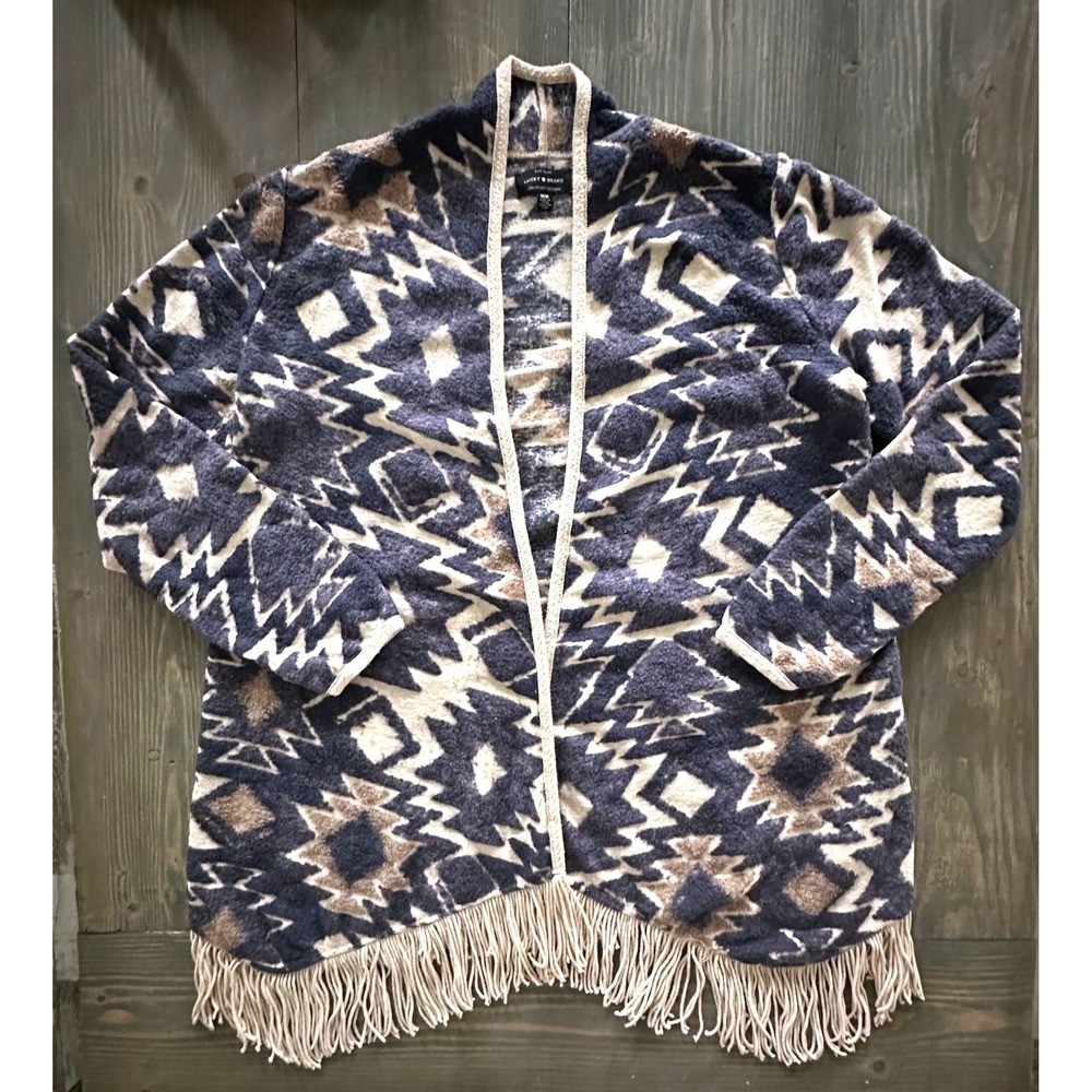 Lucky Blue Aztec Southwestern Fringe Cardigan Open Front Sweater Women's Size M
